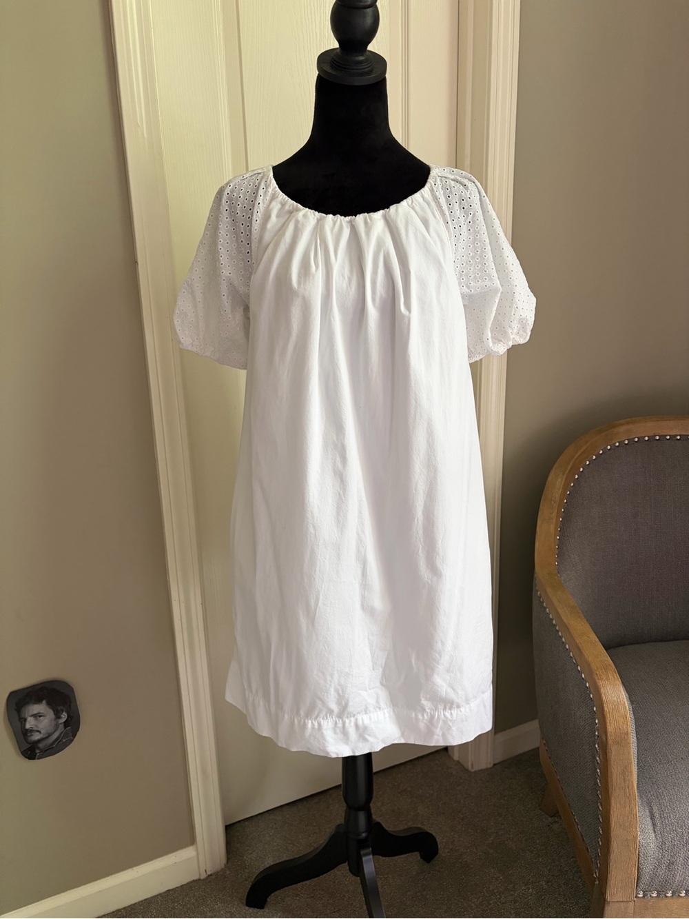 White Eyelet Puff-Sleeve Midi Dress